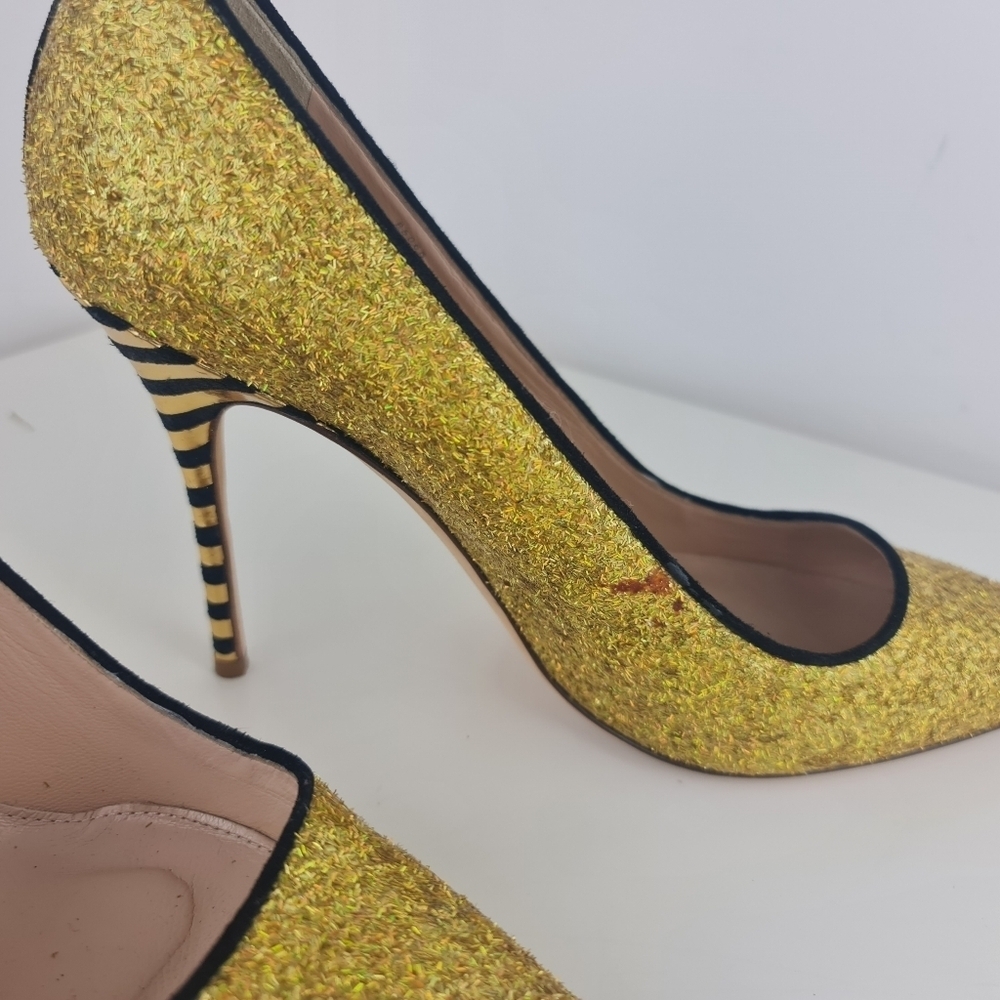 J.Crew Women Roxie Black Gold Glitter Striped Heels Party Size 9 Leather - Picture 7 of 16